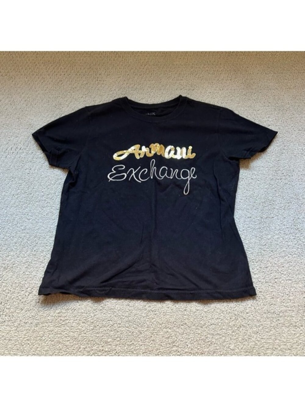 Y2K Retro Armani Exchange Women's Black Sequins Logo T Shirt Size Large